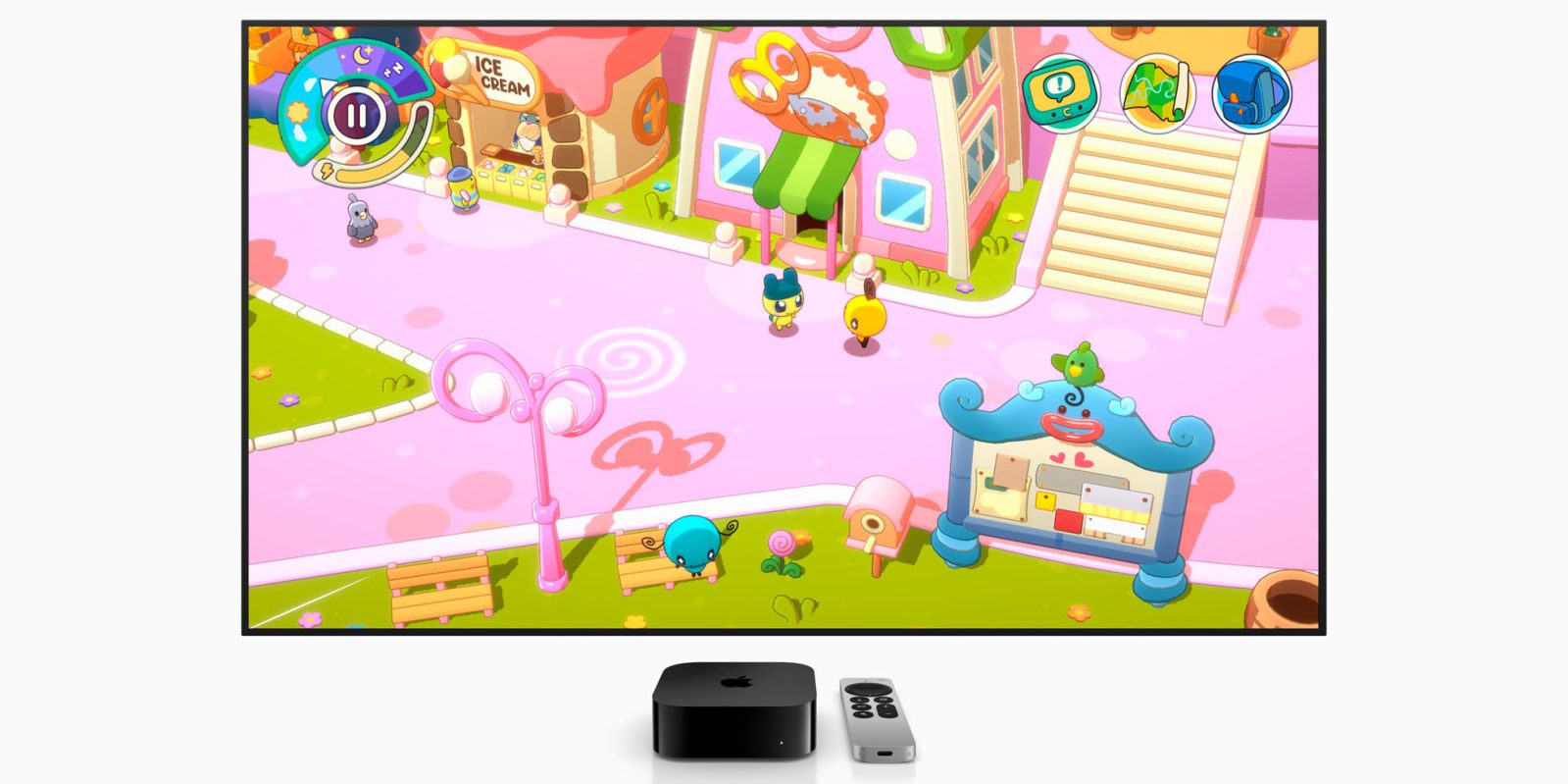 Apple Arcade criticized | Tamagotchi Adventure Kingdom game seen on large TV screen