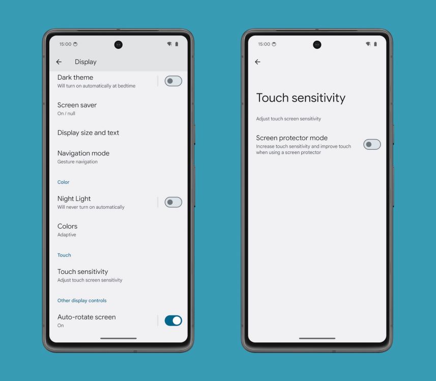 New touch sensitivity section under display settings on a pixel phone